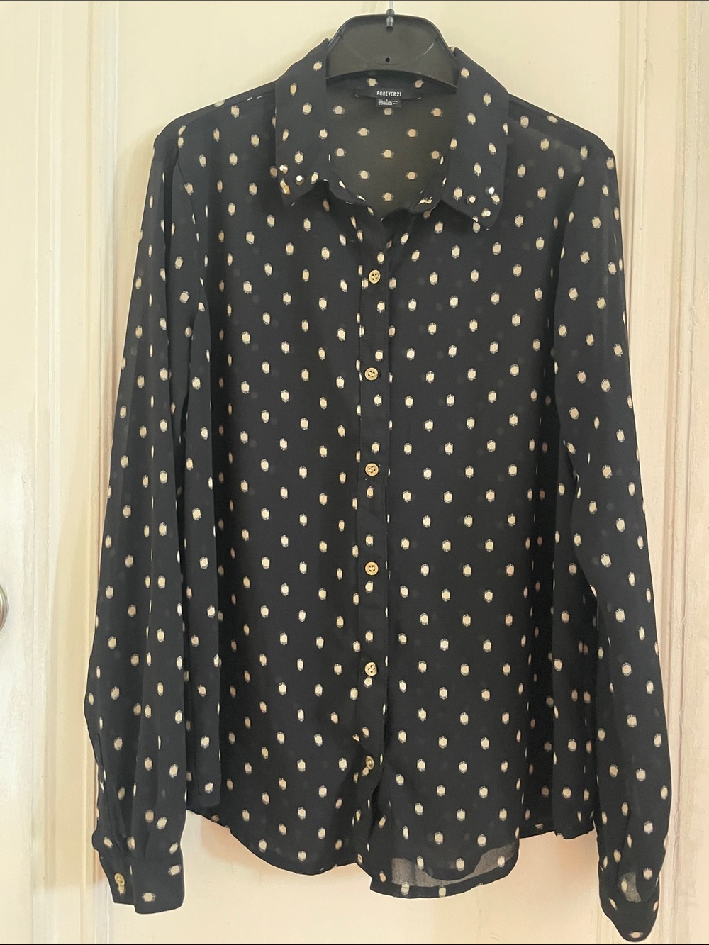 Forever 21 Black Button-Up Blouse with Cream Polka Dots
